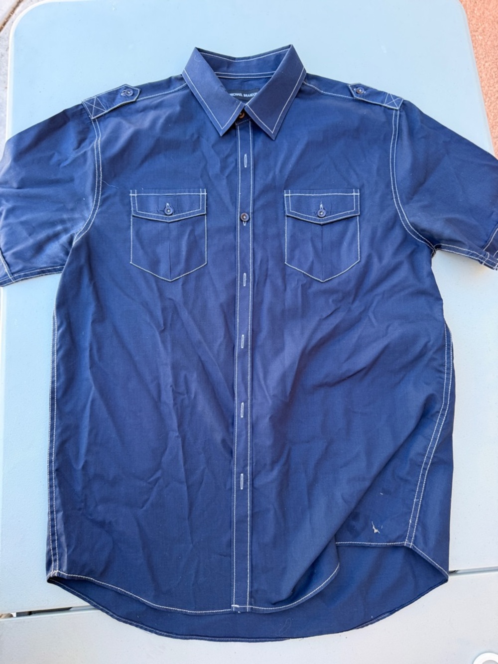 Michael Brandon Navy Short-Sleeve Button-Down Shirt with Contrast Stitching